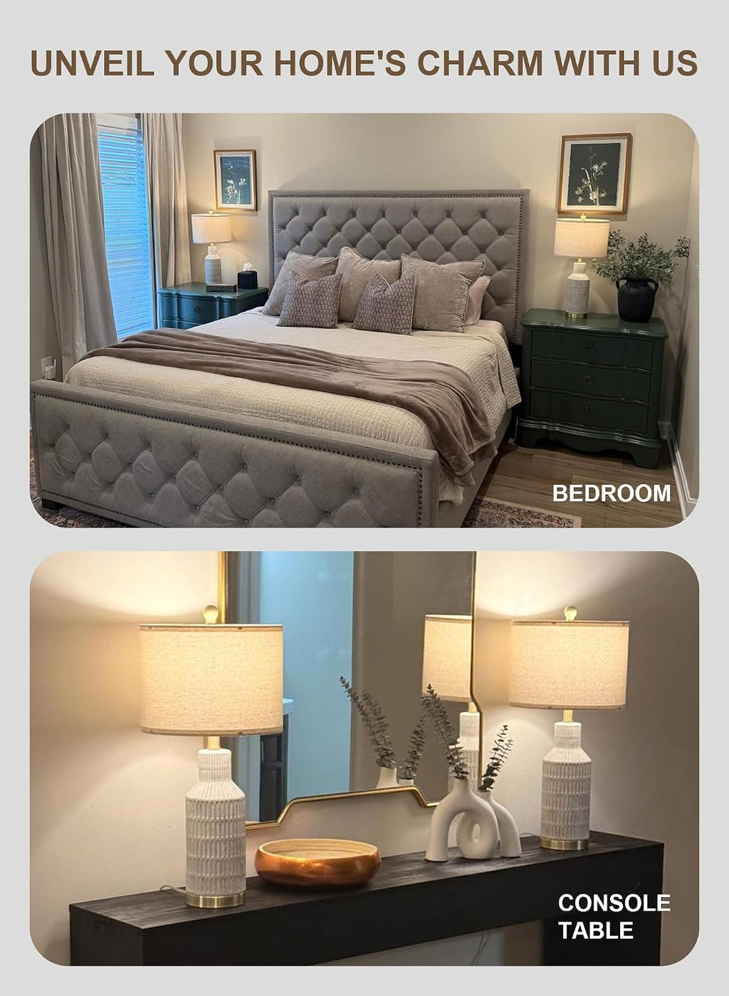 USumkky 25" Table Lamps Set of 2 - Modern Bedside Lamps for Living Room - White Washed Ceramic Nightstand Lamps for Bedroom