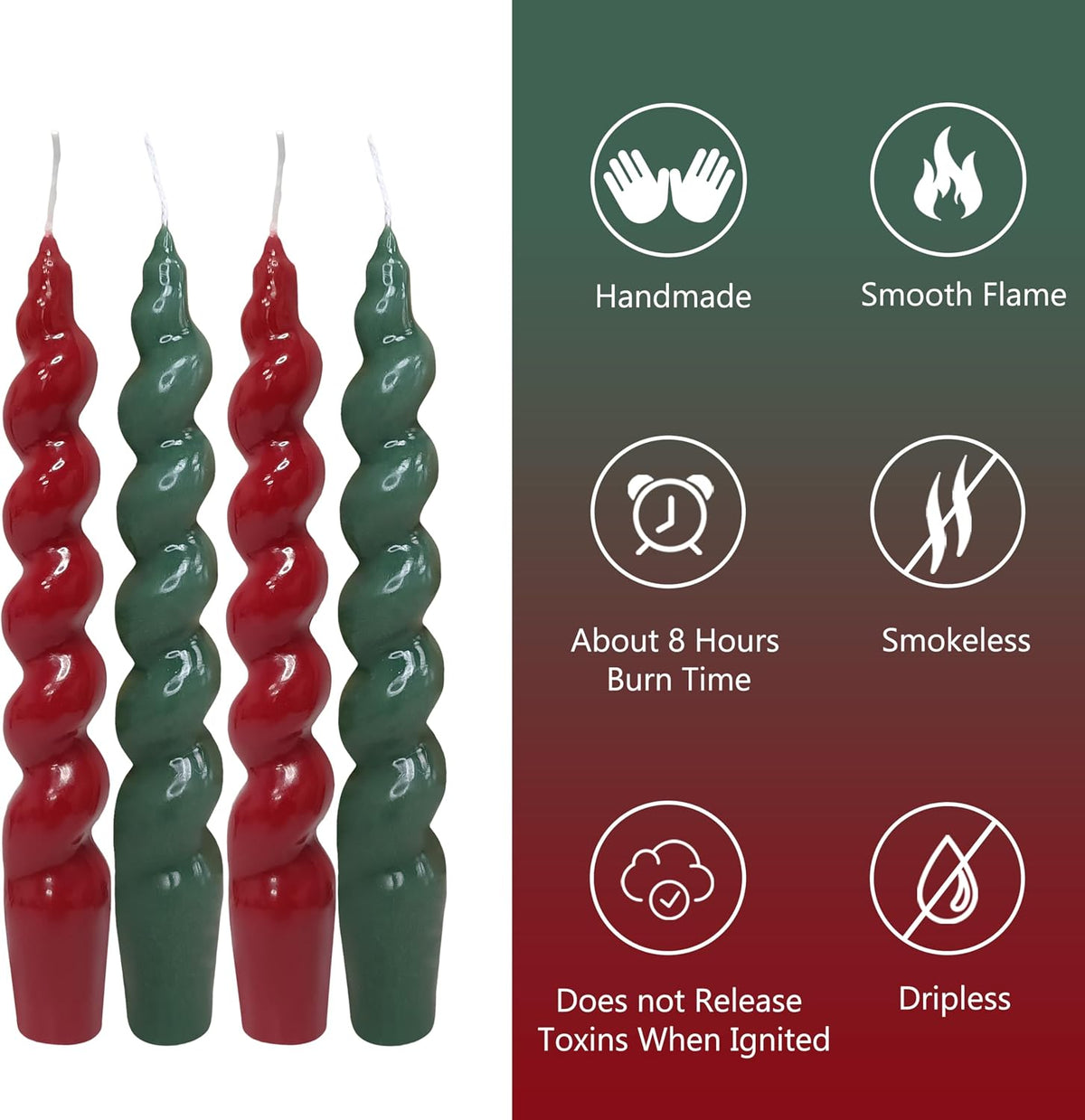 Red Green Spiral Taper Candles 7.5Inch, 4Pack Christmas Candle for Decor