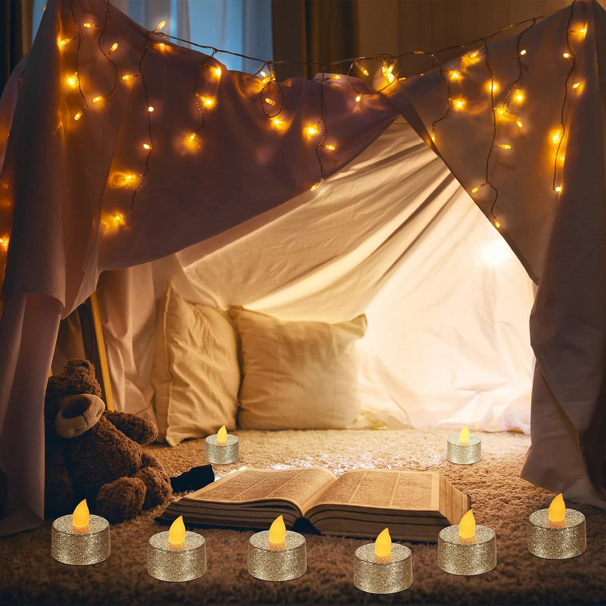 Mudder 24 Pieces Gold Tea Lights LED Candles Tealights Battery Flameless