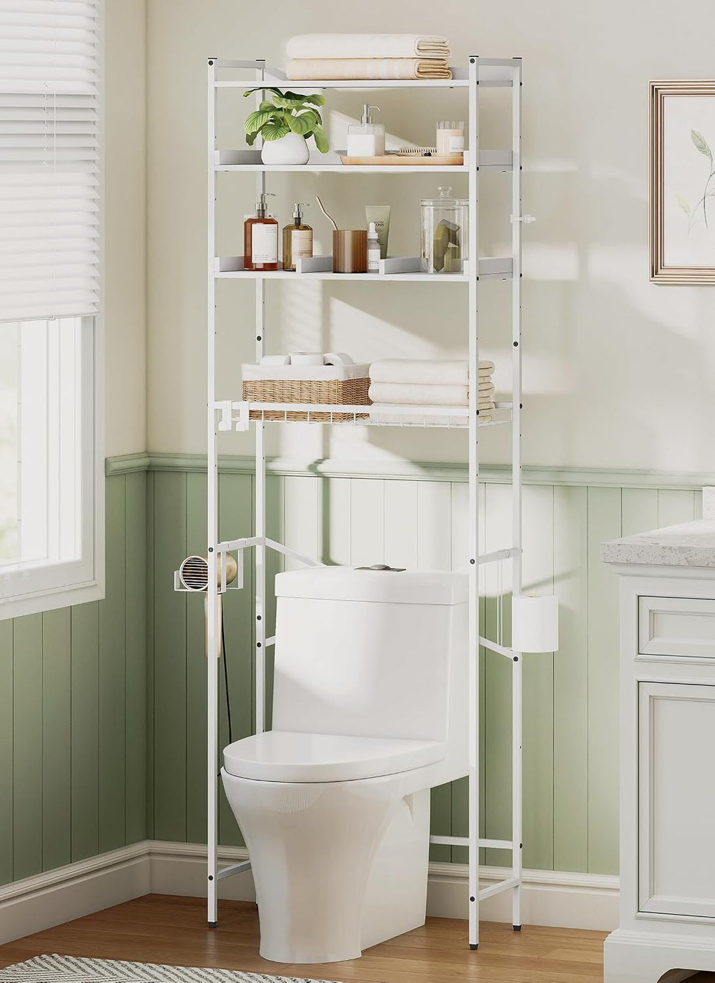 Quikraen 4 Tier Over The Toilet Storage Shelf with 3 Adjustable Shelves, Space Saver Bathroom Organizer with 4 Hooks, Freestanding Above Toilet Rack for Restroom Laundry (White)