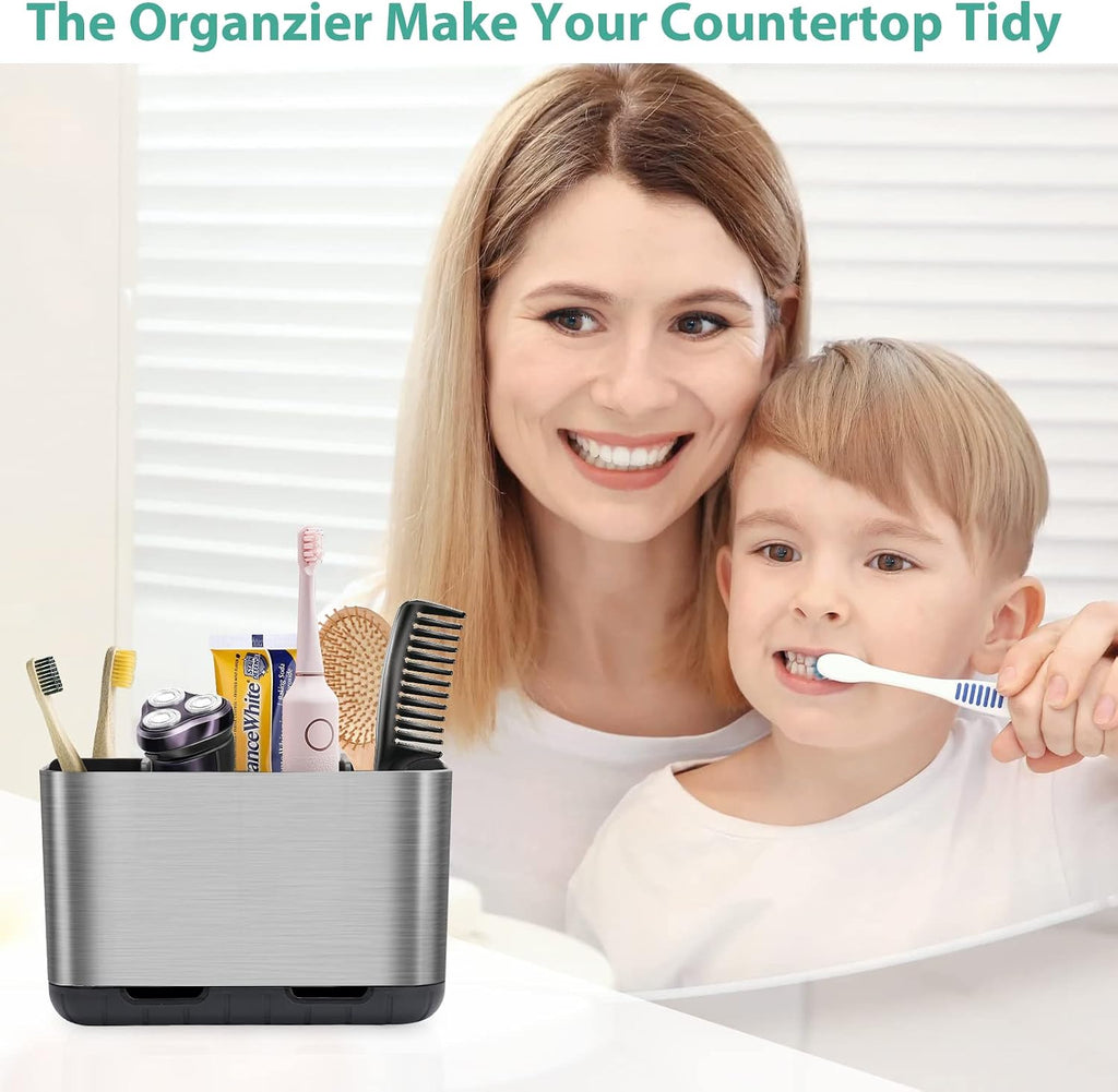Boperzi Toothbrush and Toothpaste Holder Brushed Nickel Drainage for Bathroom Vanity, Large Electric Toothbrush Storage Caddy Anti-Slip Rustic with Adjustable Dividers for Family, Kids
