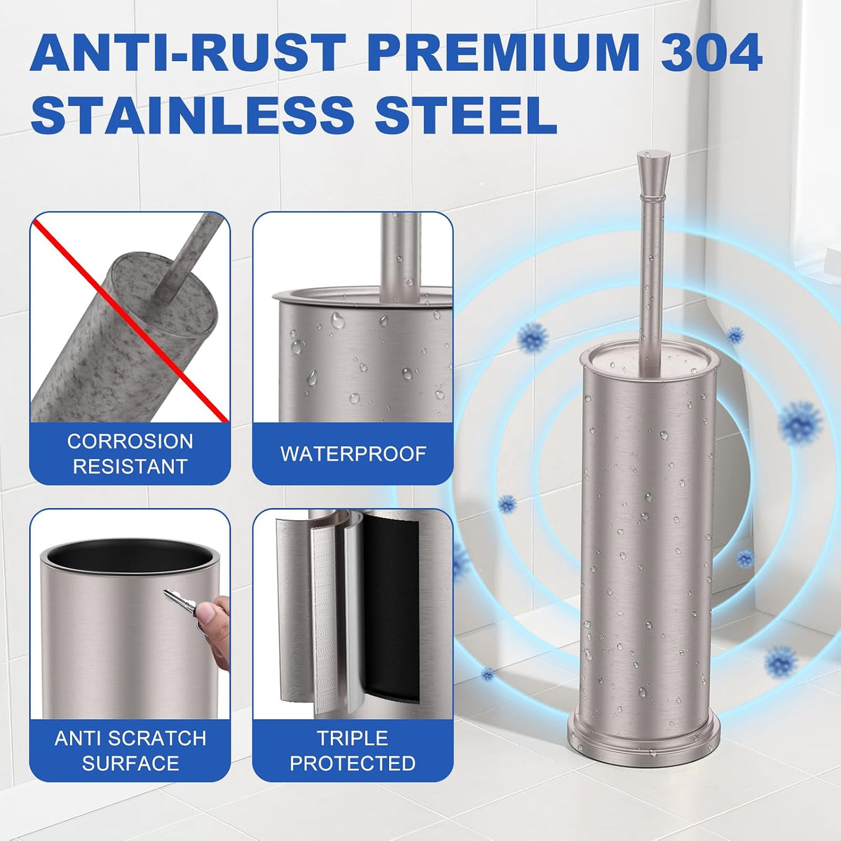 304 Stainless Steel Toilet Brush and Holder Nickel