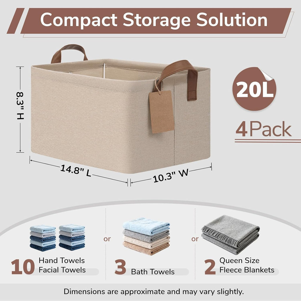 CHICVITA 4 Pack Fabric Storage Bins for Shelves, Metal Frame, 20L Brown