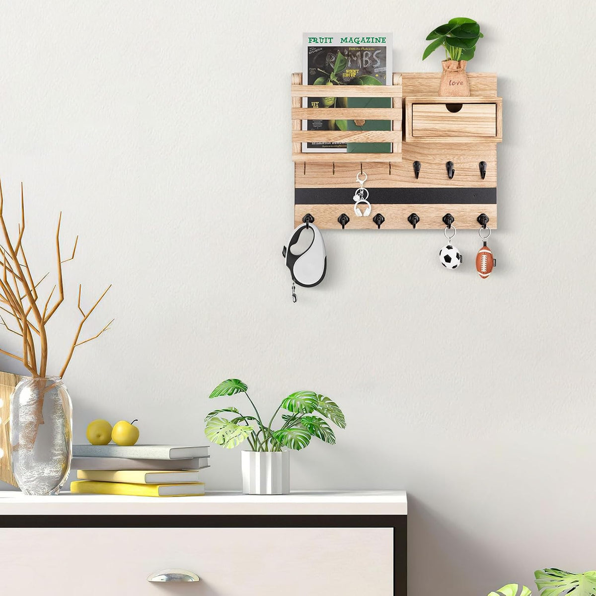 Nekon Key Holder Wall Mount with Drawer, 14.5" Mail Holder, Wood