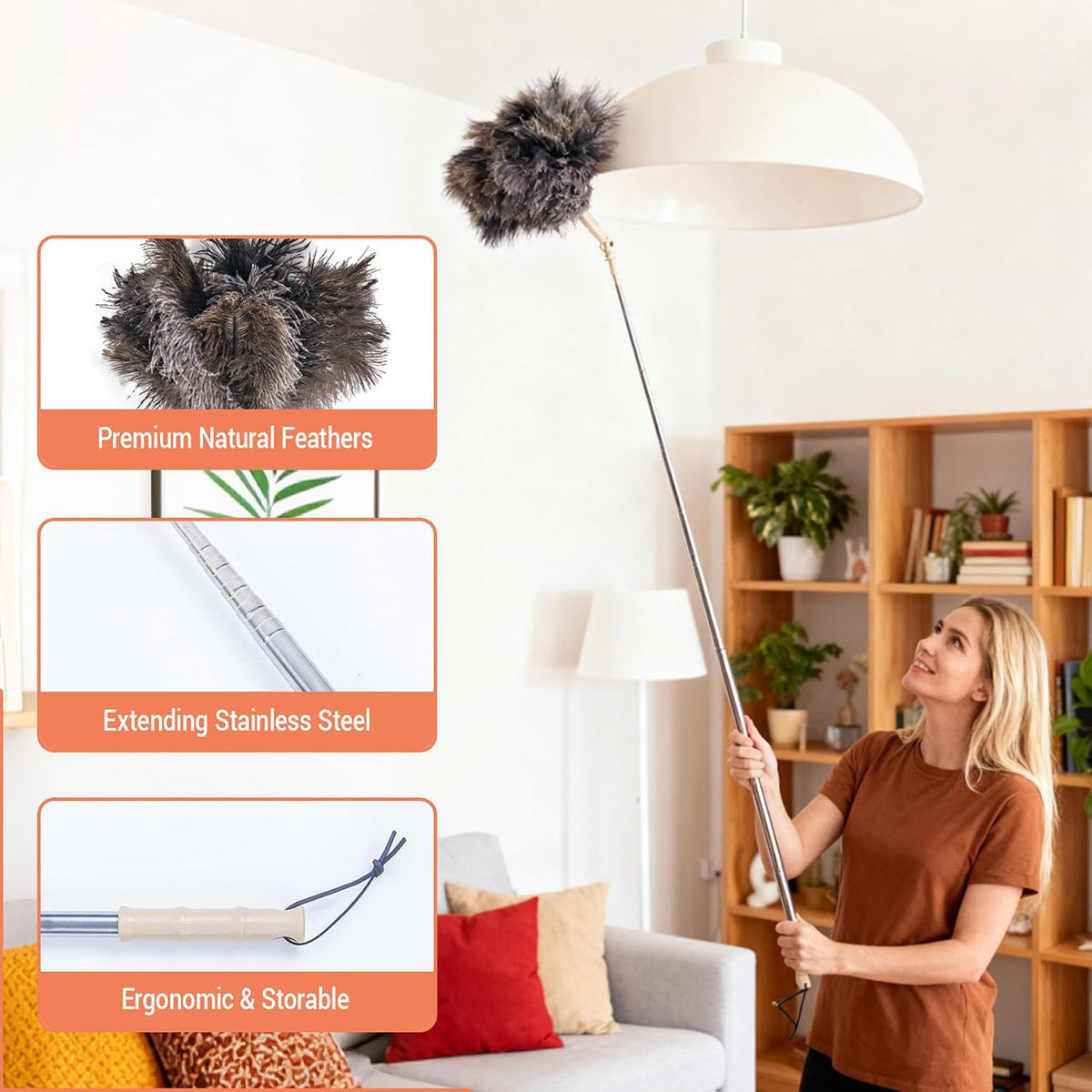 Extendable Ostrich Feather Duster, Natural Ostrich Feathers Long Handle Duster for Cleaning, 47” Soft & Fluffy Feather Duster for High Ceilings, Fans, Walls, Furniture, Home Dusting(A11-Ivory)