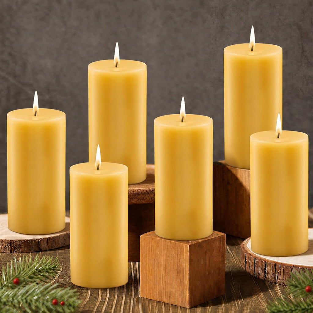 Natural Beeswax Pillar Candles, Non Toxic, 240H Long Burning, 2"x4", 6Pack
