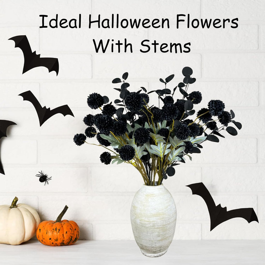 12 Black Artificial Flowers & Eucalyptus Long Stems, Halloween Decor