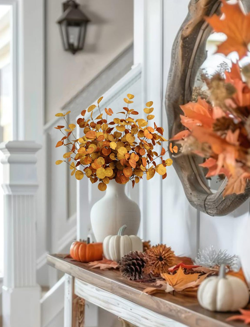 Bessol Fall Decorations Artificial Eucalyptus Stems 5Pcs Fall Eucalyptus Plants Autumn Decorations for Home Table Centerpieces Fake Fall Stems for Farmhouse Kitchen Floral Arrangements Decor