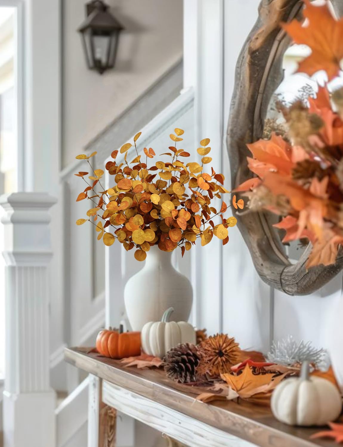 Bessol Fall Decorations Artificial Eucalyptus Stems 5Pcs Fall Eucalyptus Plants Autumn Decorations for Home Table Centerpieces Fake Fall Stems for Farmhouse Kitchen Floral Arrangements Decor