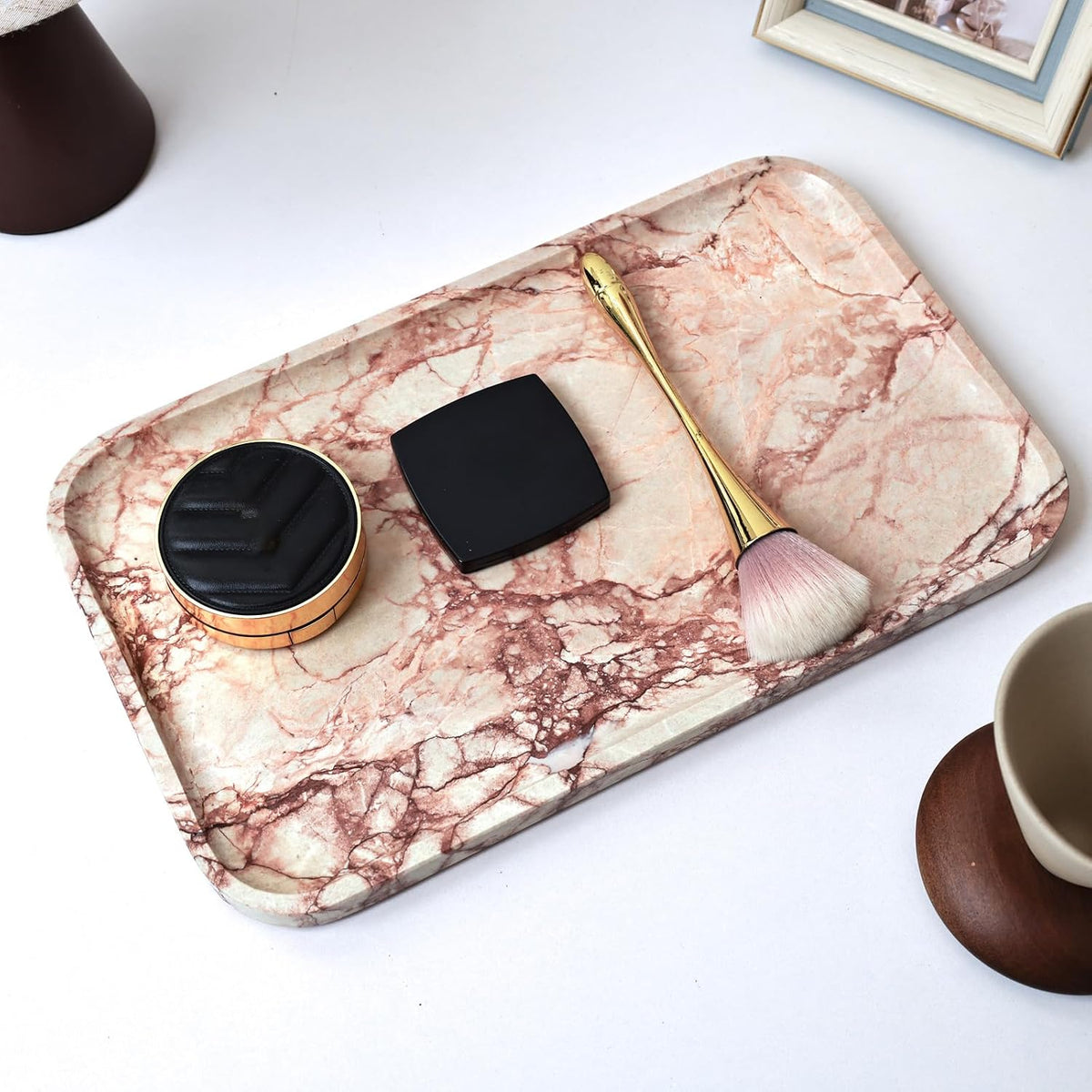 Yew & Tulip 14" x 8.5" Natural Marble Tray for Kitchen, Bathroom, Living Room – Serving/Decorative Vanity Tray for Jewelry, Candles, Decor (Pink)
