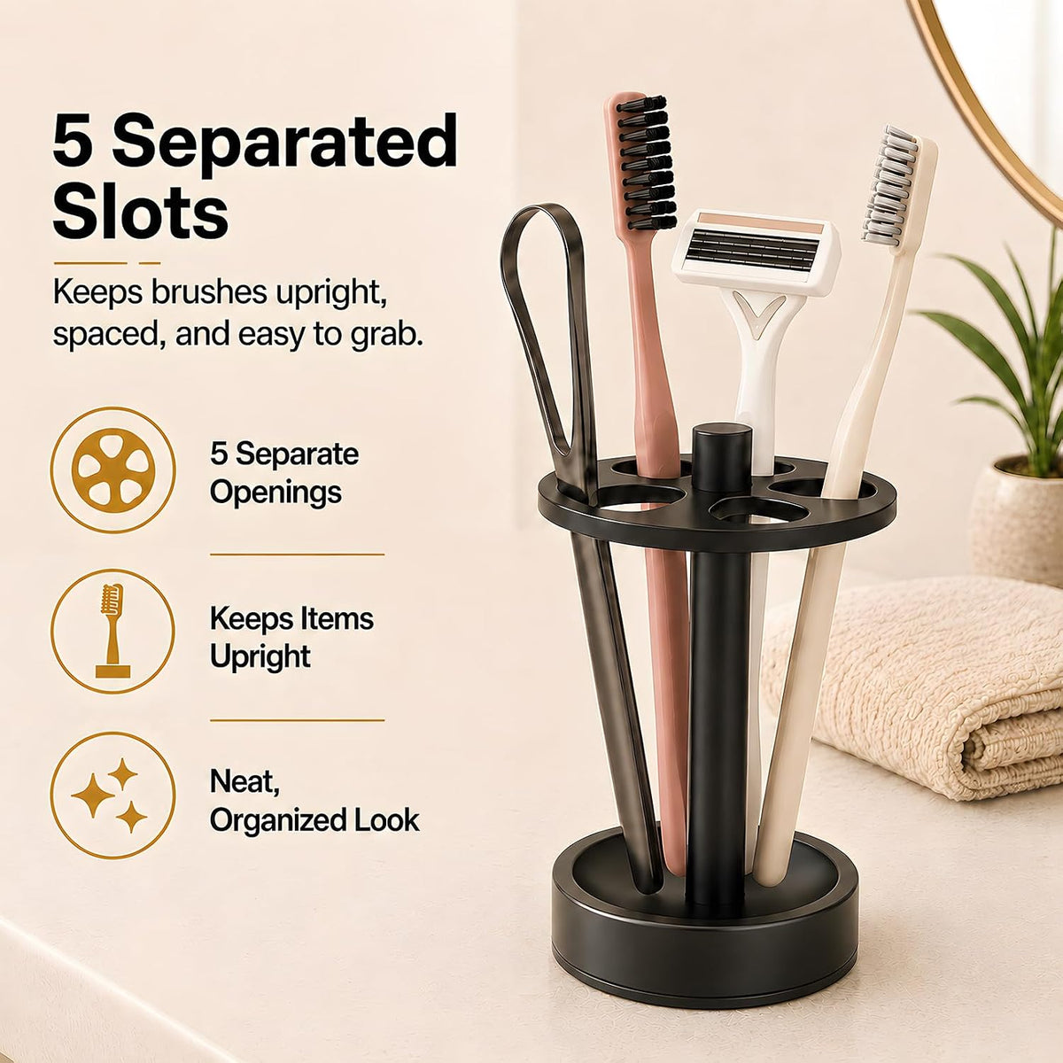 5 Slots Open-Design Bathroom Toothbrush Holder Stand for Manual Toothbrush