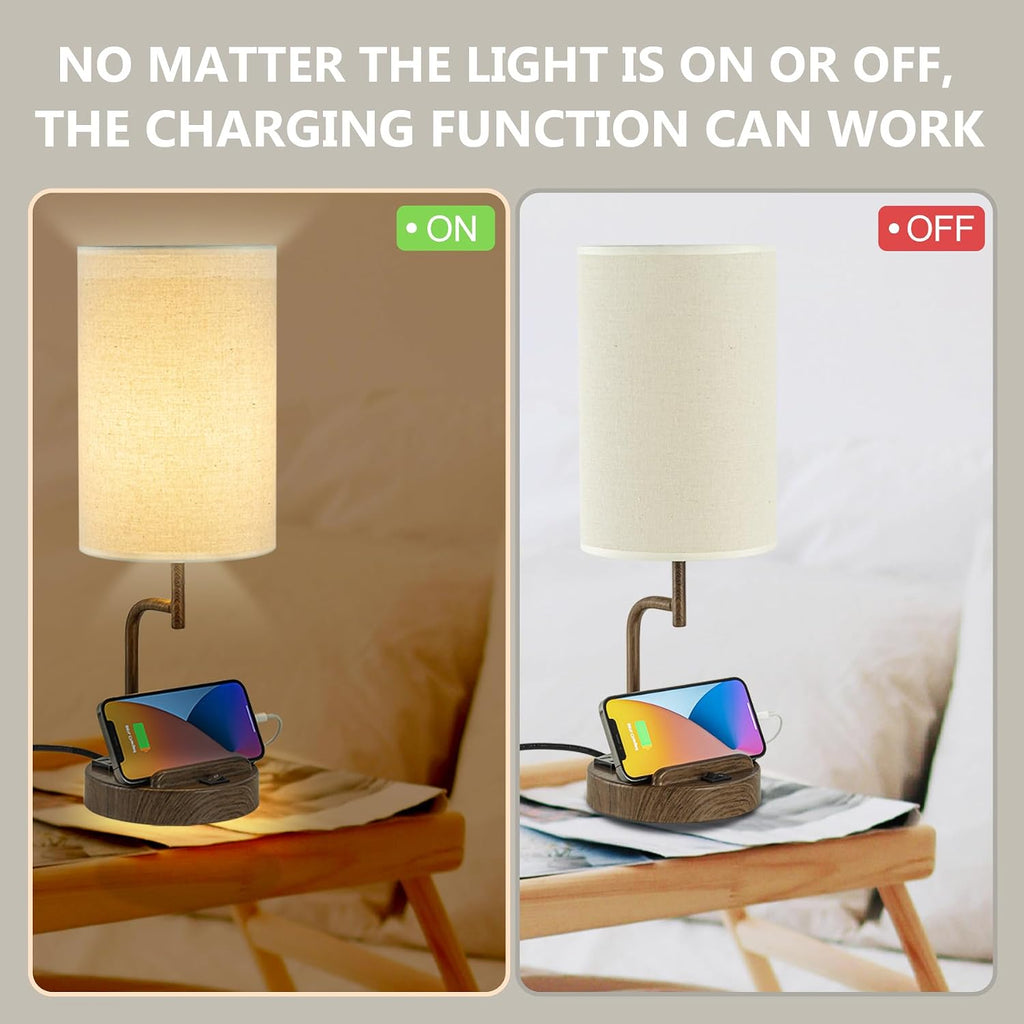 Dreamholder Table Lamp with 3 USB Charging Ports, Modern Desk Lamp with AC Outlet and Phone Stands, Perfect Bedside Lamp for Bedroom, Living Room, Office (Pack of 2), Walnut