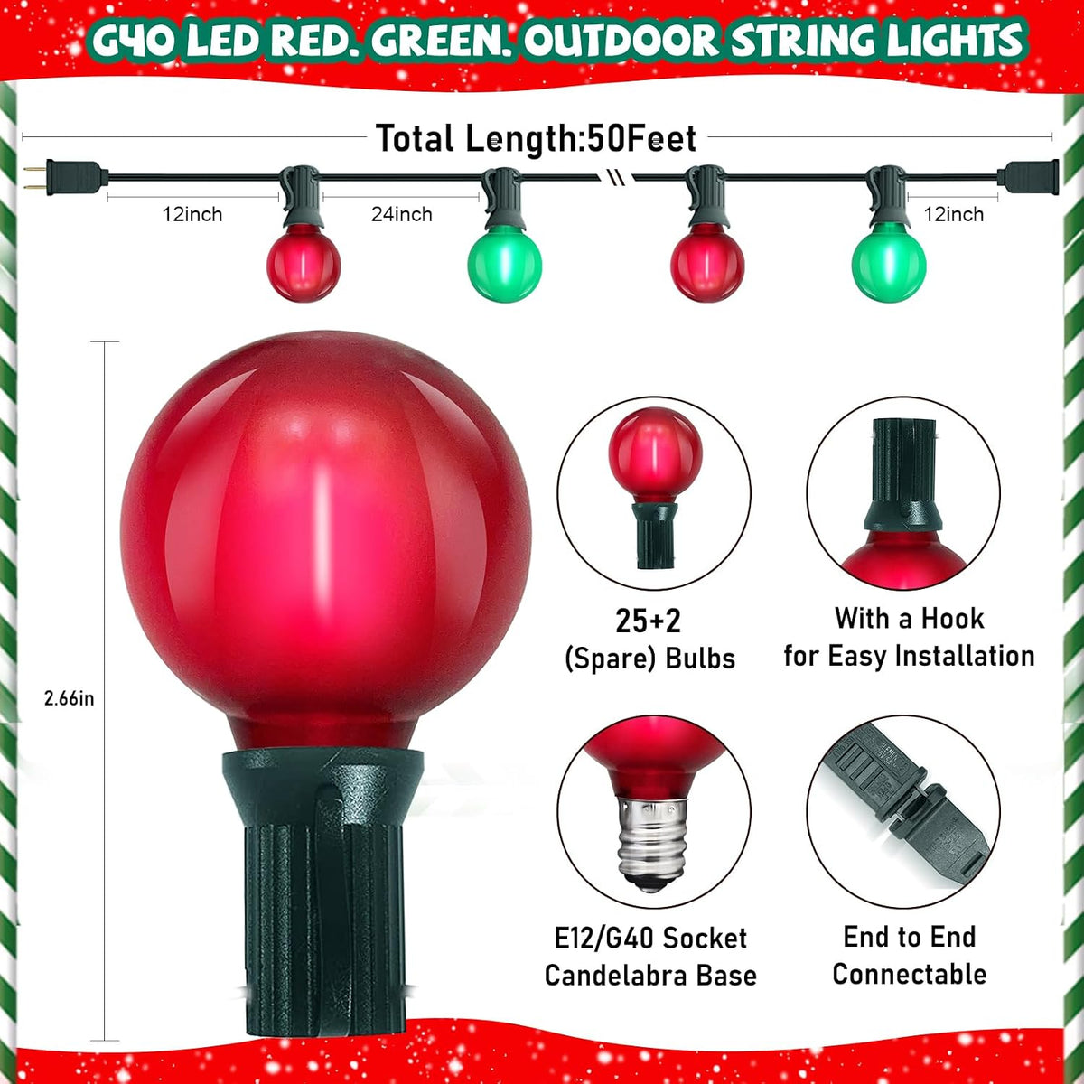 G40 LED Outdoor Christmas String Lights 50FT Hanging Globe String Light with 27 LED Shatterproof Frosted Red Green Lights(2 Spare), Waterproof Patio String Lights for Balcony Backyard Pergola Decor
