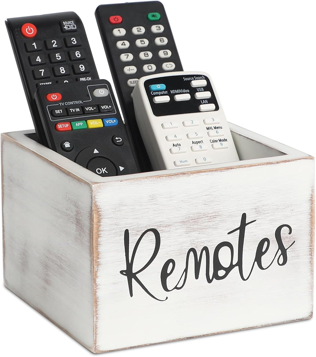 LBEMEY Wood Remote Control Holder, TV Remote Control Organizer for Home Bedroom Table, Multi-Purpose Desktop Storage (Retro White, M,for 3+ Remote Controls)