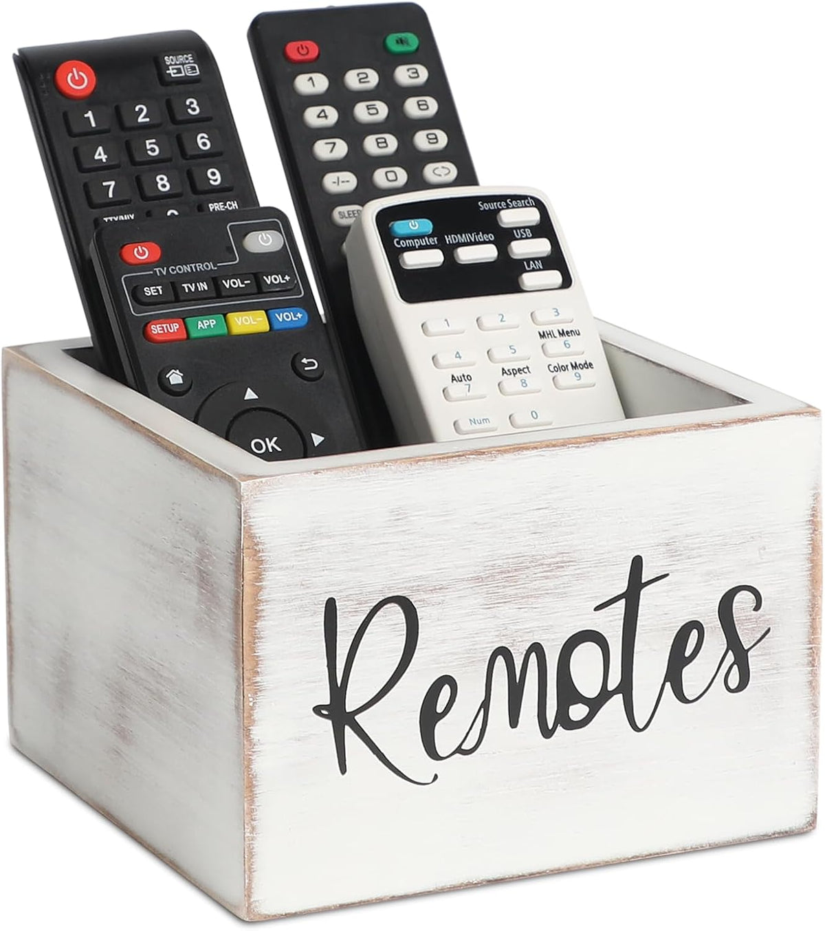 LBEMEY Wood Remote Control Holder, TV Remote Control Organizer for Home Bedroom Table, Multi-Purpose Desktop Storage (Retro White, M,for 3+ Remote Controls)