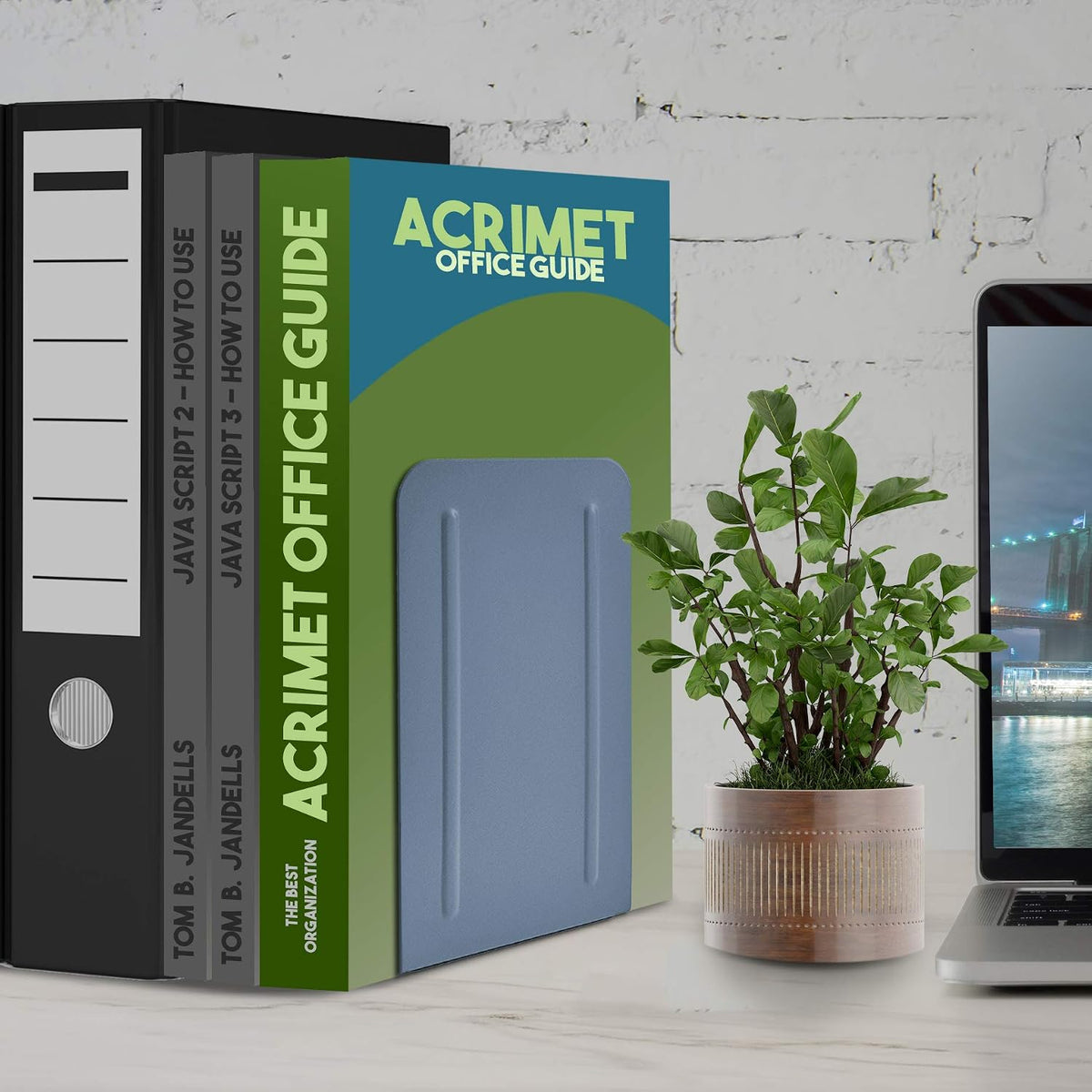 Acrimet Bookends for Shelves, Non-Skid Book Holder, Heavy Duty Book Stopper, Steel Metal Book Ends Storage for Home, Library, 6 7/8" H x 4" W x 4 1/2" D (Blue) (1 Pair / 2 Pieces)