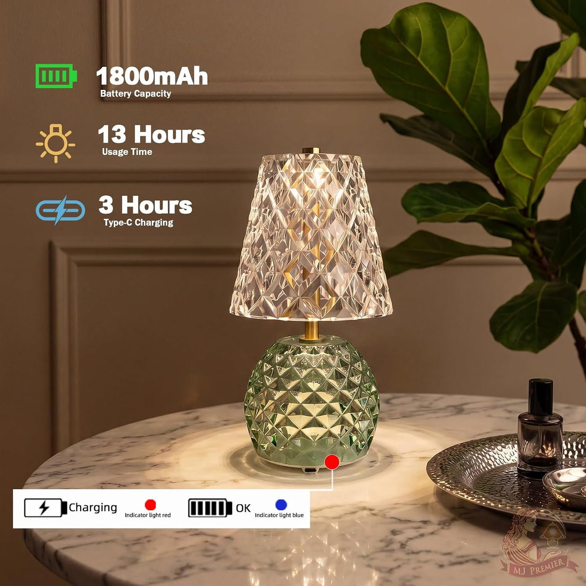 MJ PREMIER Rechargeable Table Lamp Cordless Mushroom Lamp with Timer Green