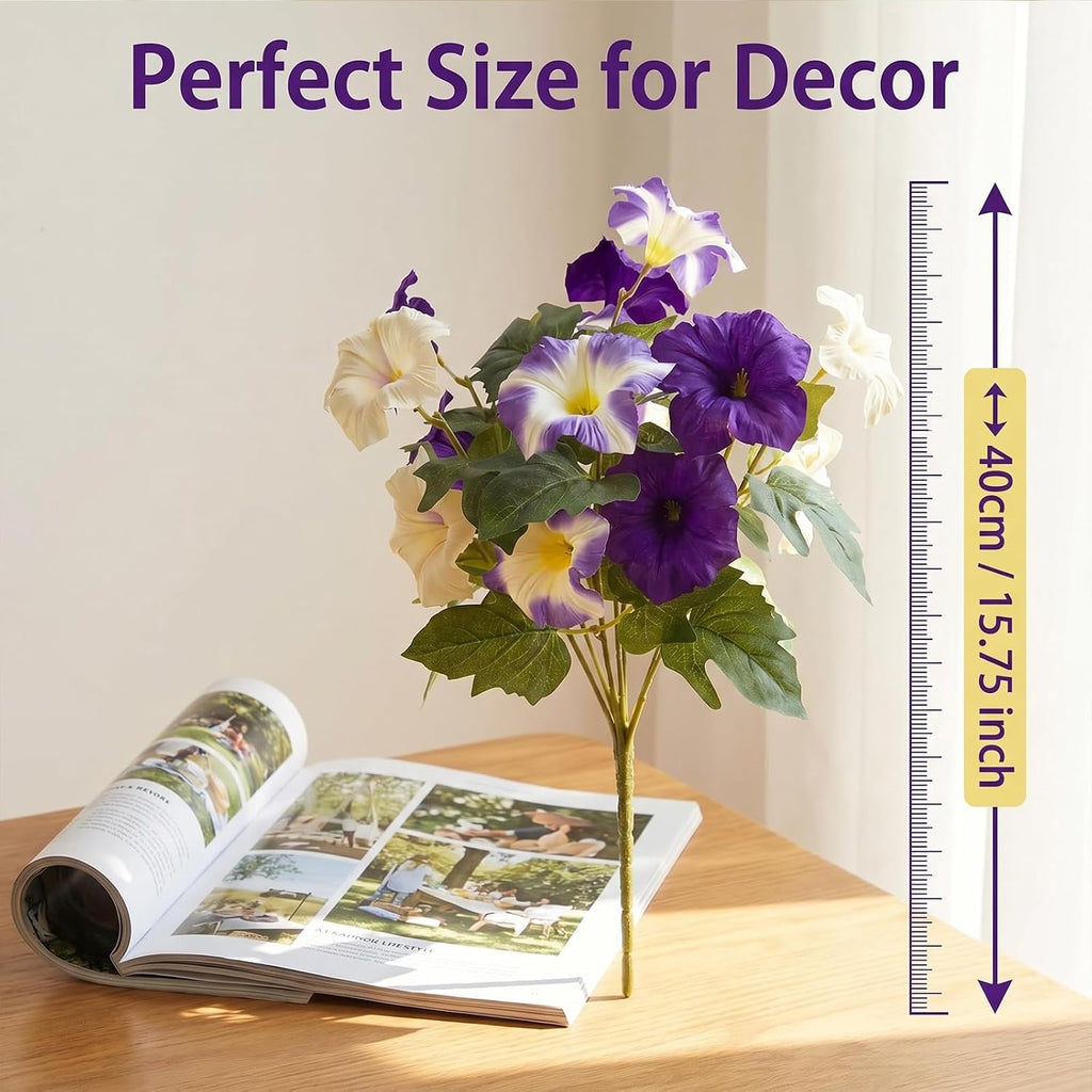 Artificial Flowers for Outdoors, Faux Petunias Spring Summer Decoration, Fake Flowers Plants UV Resistant Look Real Silk Flowers for Outside Planter Front Door Porch Patio Yard (Purple+White)