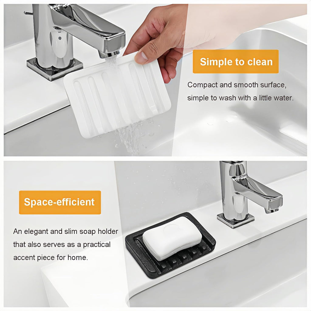 Self Draining Soap Dish, Ceramic Soap Holder for Shower, Vonpri Waterfall Bar Soap Case Saver Tray Sponge Organizer Keep Dry for Bathroom Kitchen Counter Sink (1, Black)