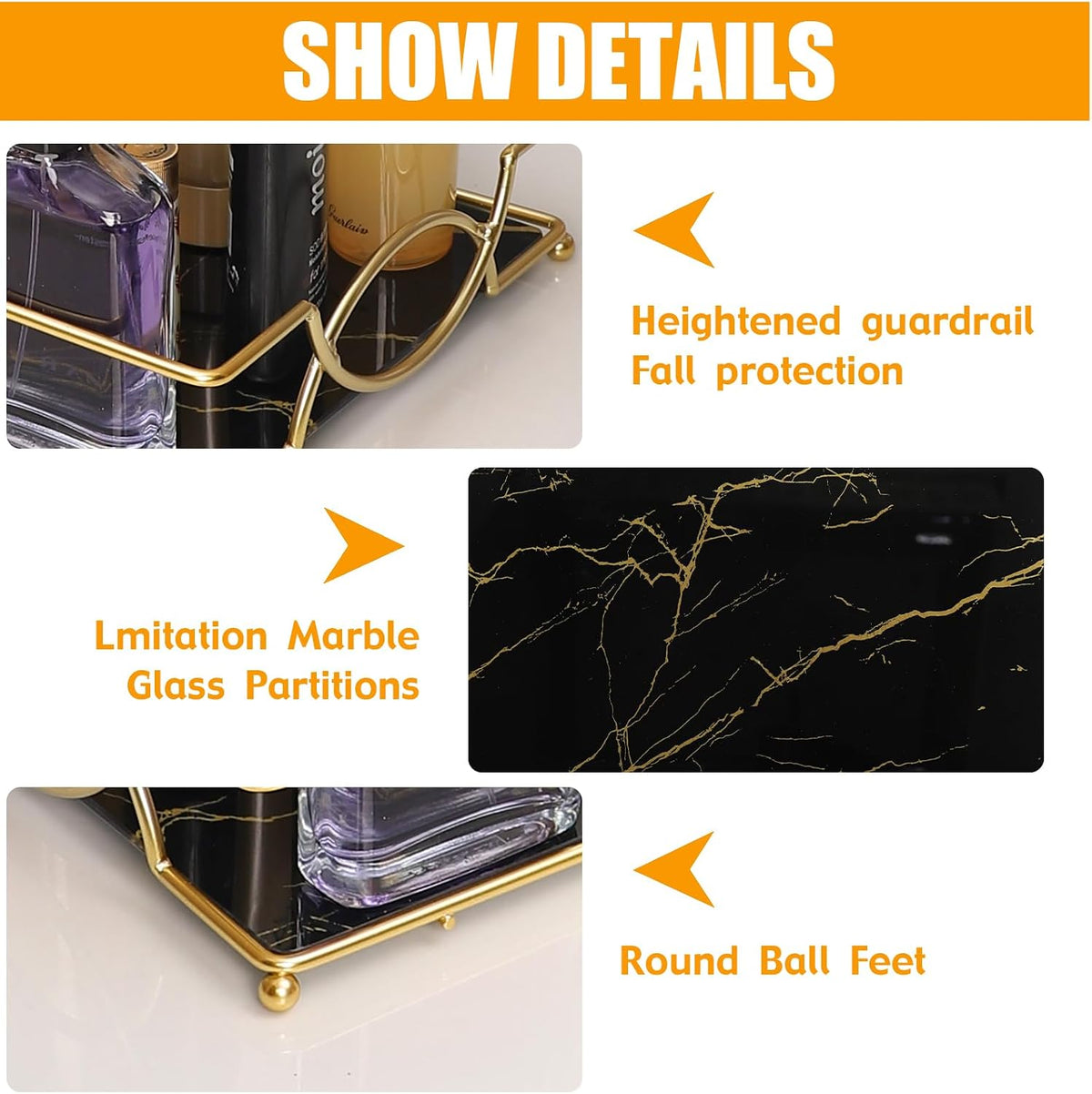 Toilet Tank Tray Black Gold Glass Bathroom Vanity Organizer
