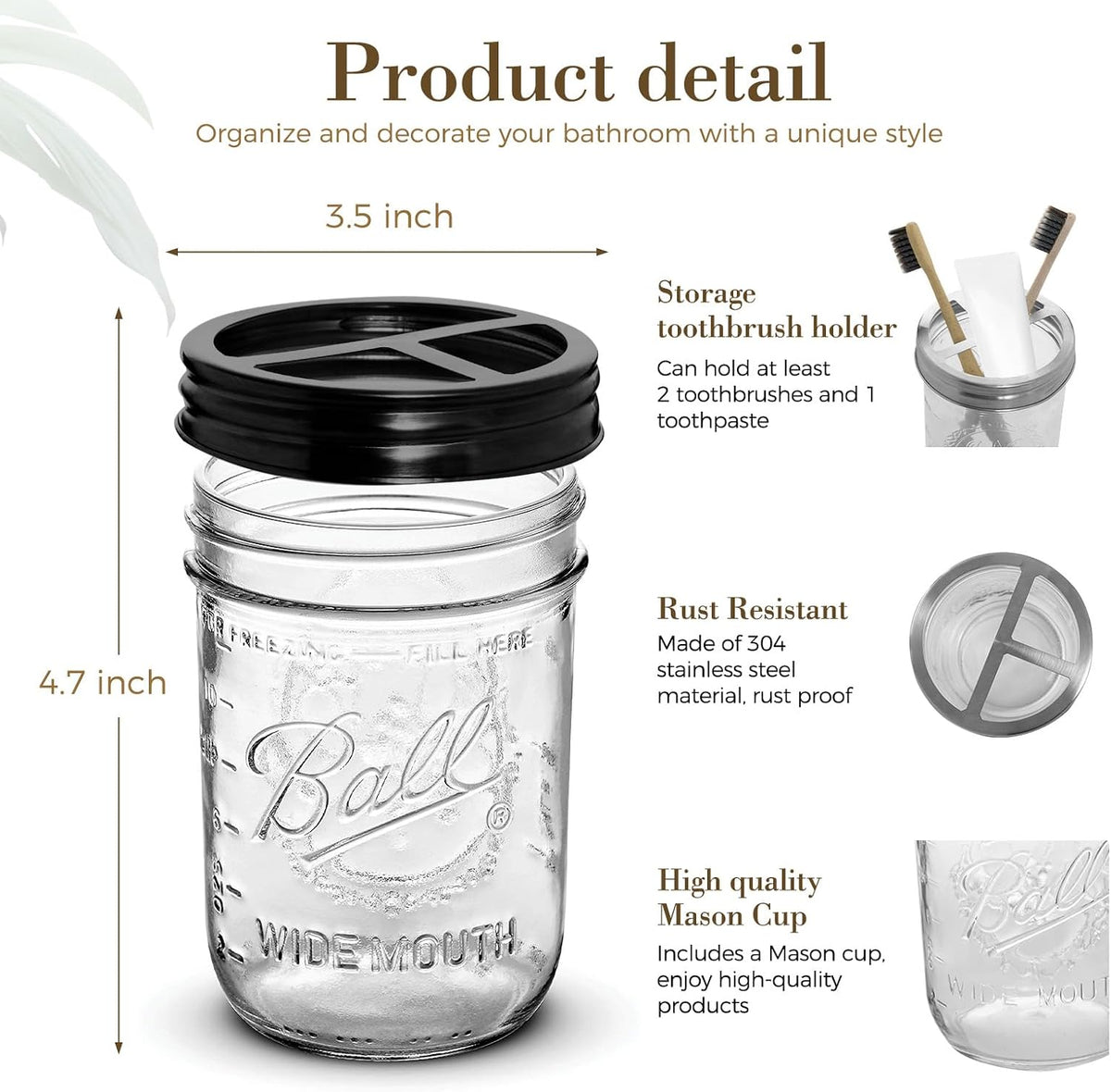 2Pcs Mason Jar Toothbrush Holder 16oz Glass with Rustproof Stainless Steel - Farmhouse Décor Bathroom Toothbrush Holder（Black）