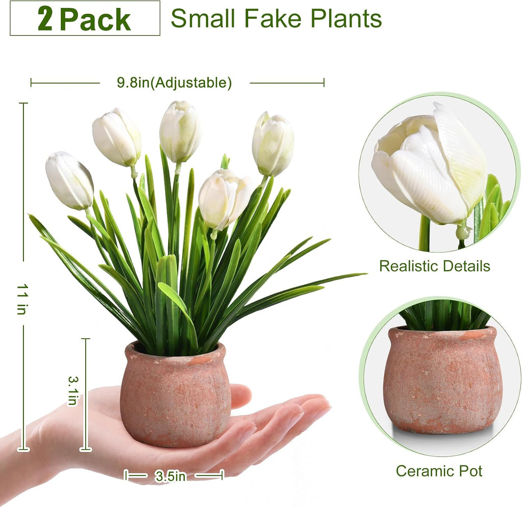 2 Pack Small Fake Plants, Mini Artificial Tulip Potted Plants with Flowers