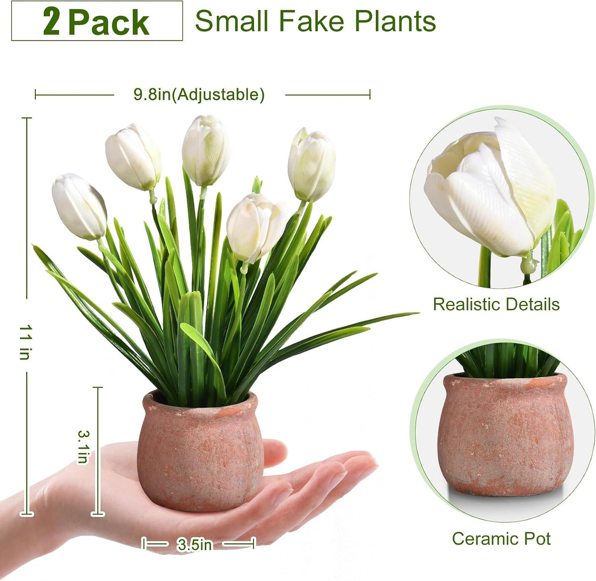 2 Pack Small Fake Plants, Mini Artificial Tulip Potted Plants with Flowers