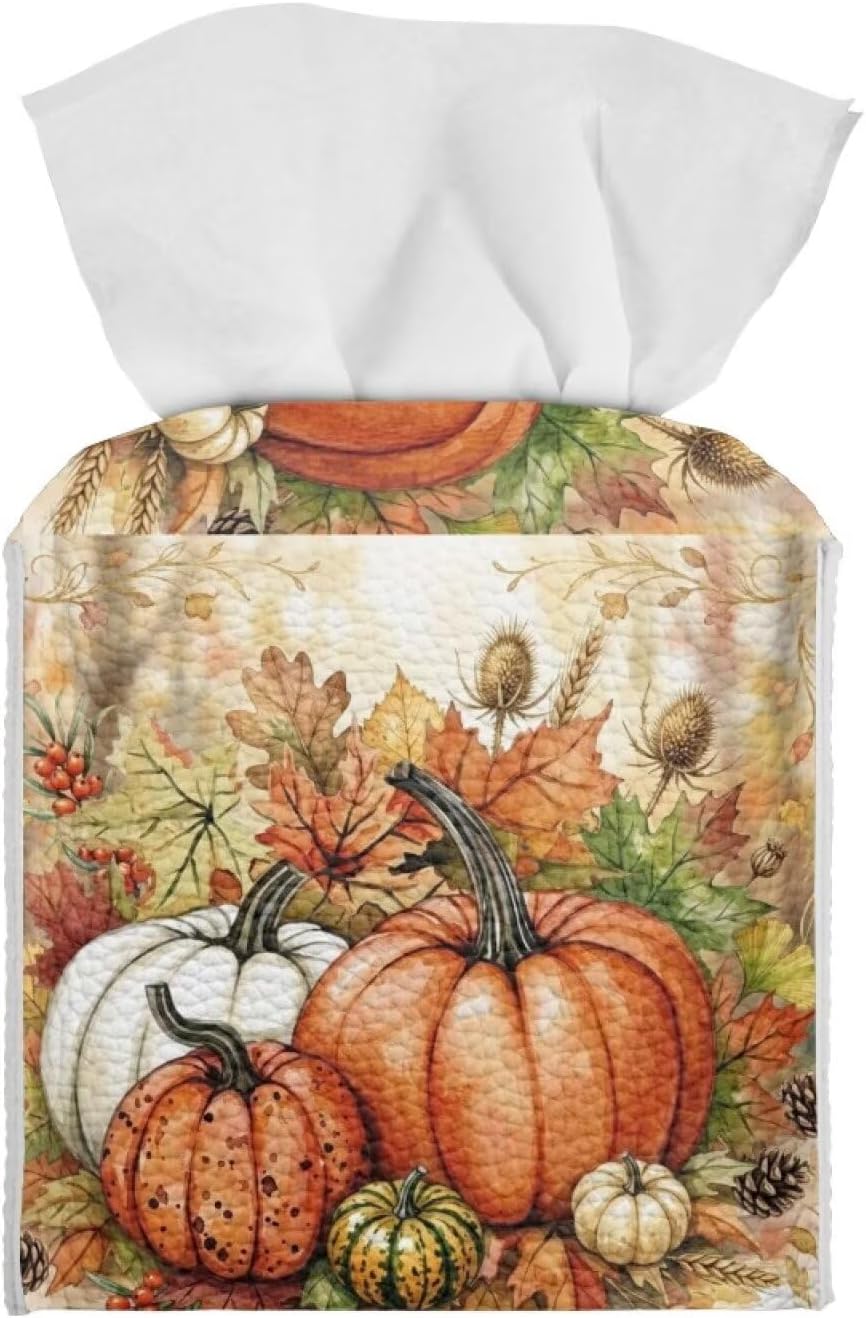 Fall Pumpkin Tissue Box Cover Square Leather Tissue Case Holder