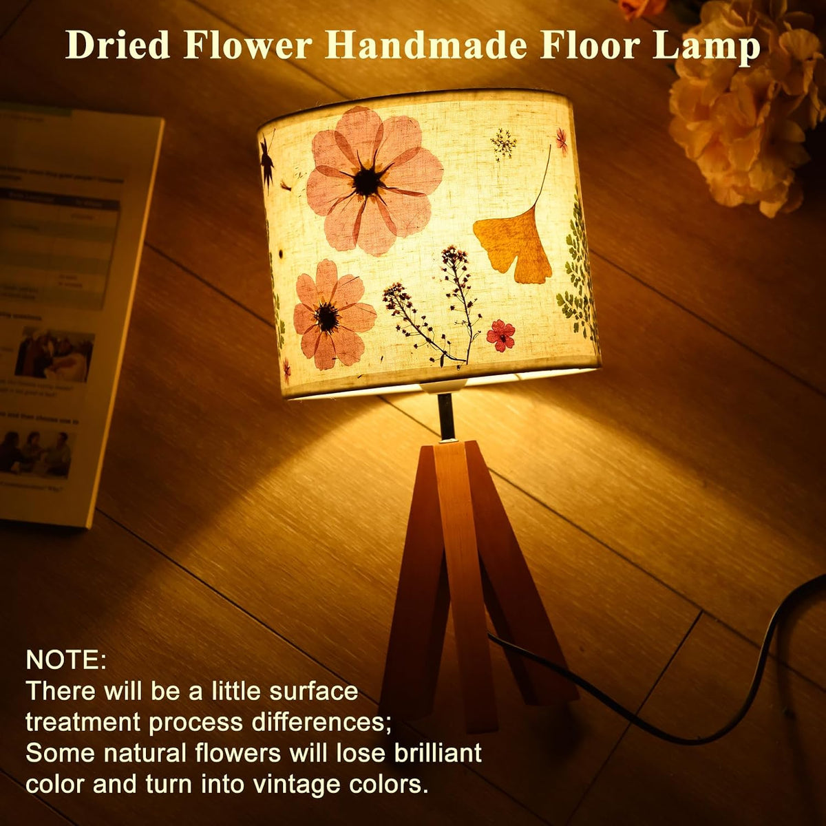 Dried Flowers Tripod Table Lamp 14.96in, 9W LED 3-Color Cute Bedside Lamp with Flowers Linen Lampshade for Nursery, Bedroom, Kid Room, Living Room, Light Brown Wooden Base