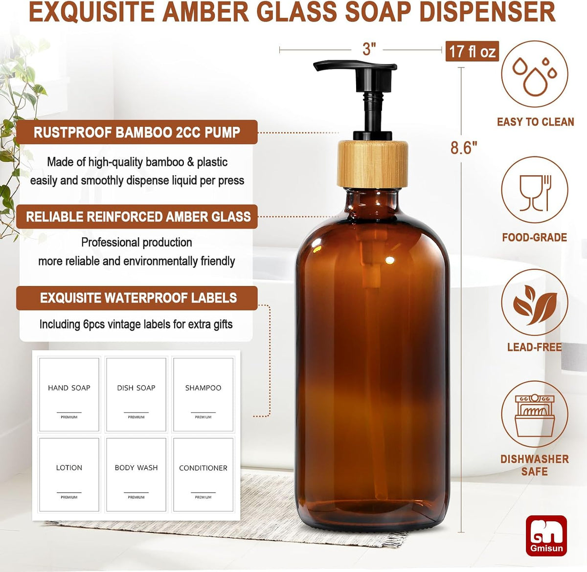 GMISUN Amber Glass Soap Dispenser, 2 Pack Bathroom Hand Soap Dispensers with Bamboo Pump, 17 Fl Oz Kitchen Hand and Dish Soap Dispenser Set, Modern Vintage Liquid Brown Soap Dispensers Bottle