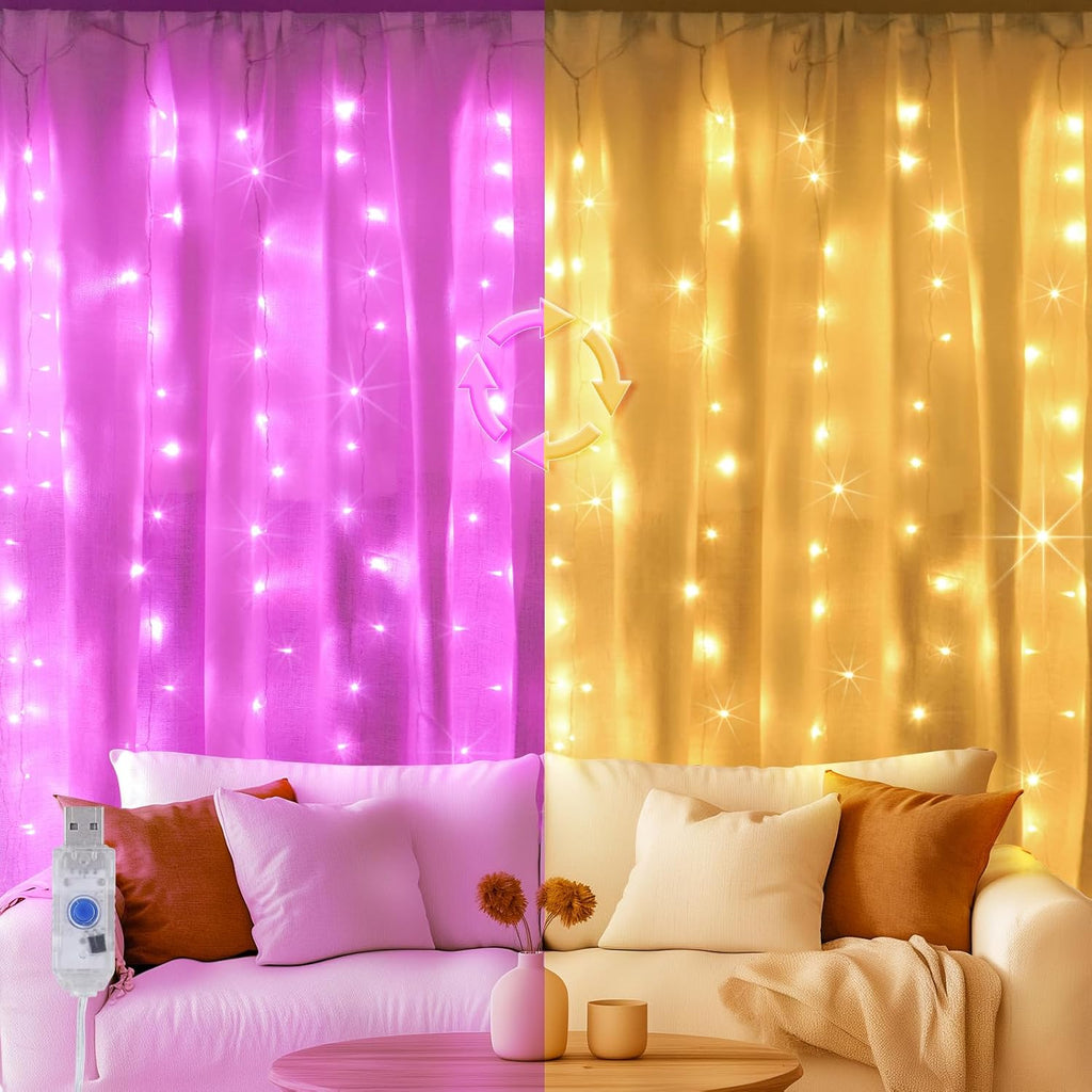 Color Changing Curtain Lights, Pink & Warm White Window String Decor