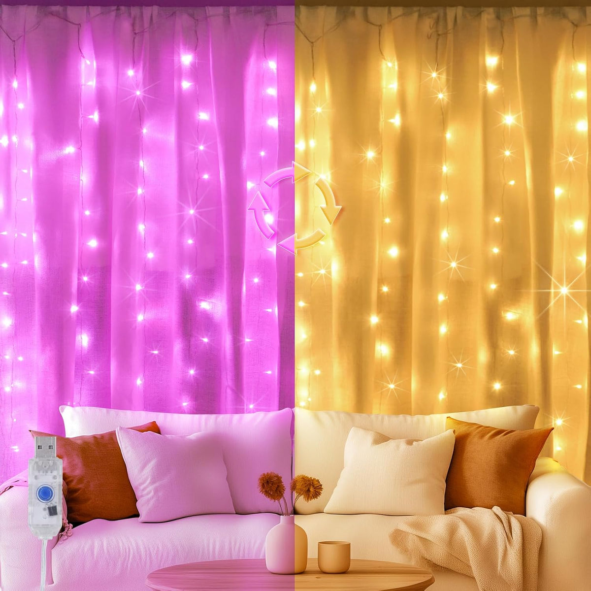 Color Changing Curtain Lights, Pink & Warm White Window String Decor
