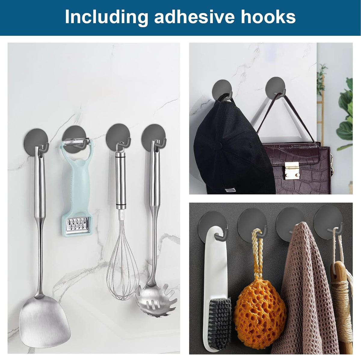Diesisa Razor Holder for Shower + Adhesive Wall Hooks, Premium 304 Stainless Steel Shower Razor Holder with Heavy Duty Waterproof Sticky Hooks for Hanging Towels, Coat, hat (4+4 Pack) - Grey