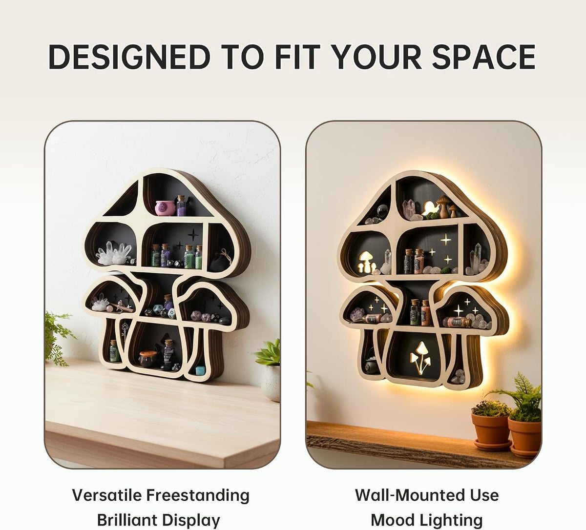 Mushroom Decor Floating Shelves with Lights, Crystal Display Shelf for Wall