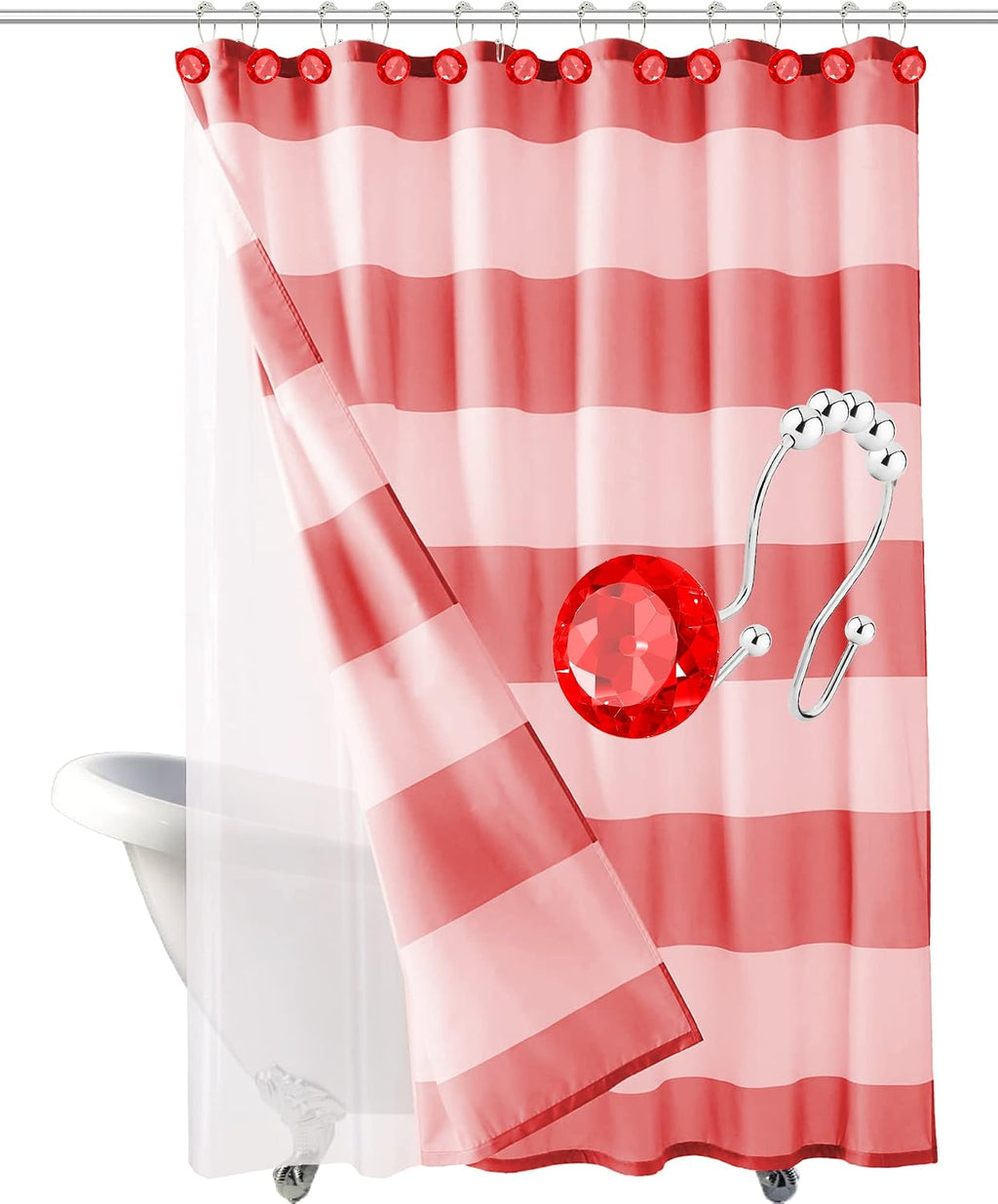 Shower Curtain Hooks Rings for Bathroom, 12PCS Double Hooks Glide Anti Rust Crystal Rhinestones Shower Curtain Rings Hangers for Shower Curtains, Clothing, Towels, etc. (Red)