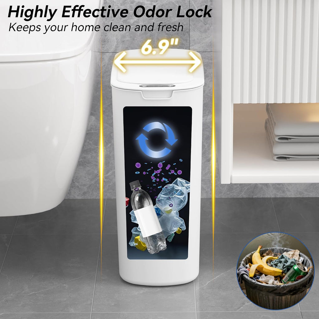 FRESHLIX Automatic Motion Sensor Bathroom Trash Can with Lid, 5 Gallon Touchless Trash Bin,Smart Electric Narrow Waterproof Garbage Bin for Toilet, Office, Bedroom, Living Room, Dorm (White