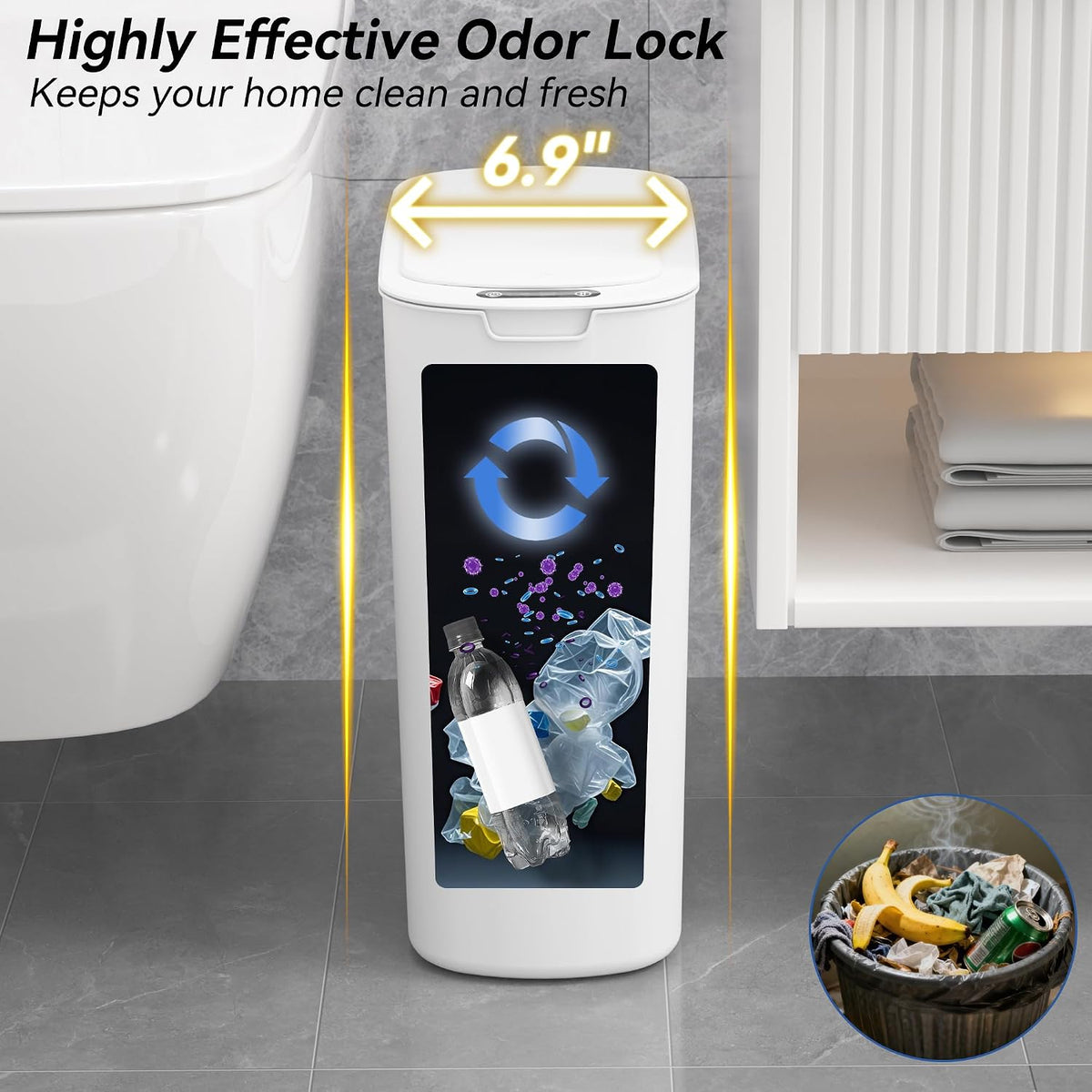 FRESHLIX Automatic Motion Sensor Bathroom Trash Can with Lid, 5 Gallon Touchless Trash Bin,Smart Electric Narrow Waterproof Garbage Bin for Toilet, Office, Bedroom, Living Room, Dorm (White