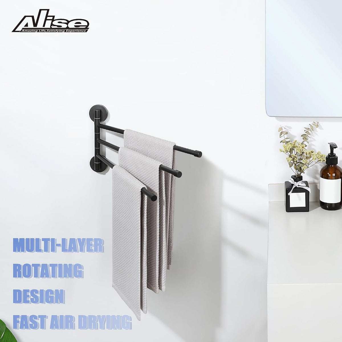 Alise 3 Arm Swivel Towel Rack, Matte Black Swivel Out Towel Bar, 13.9 Inch