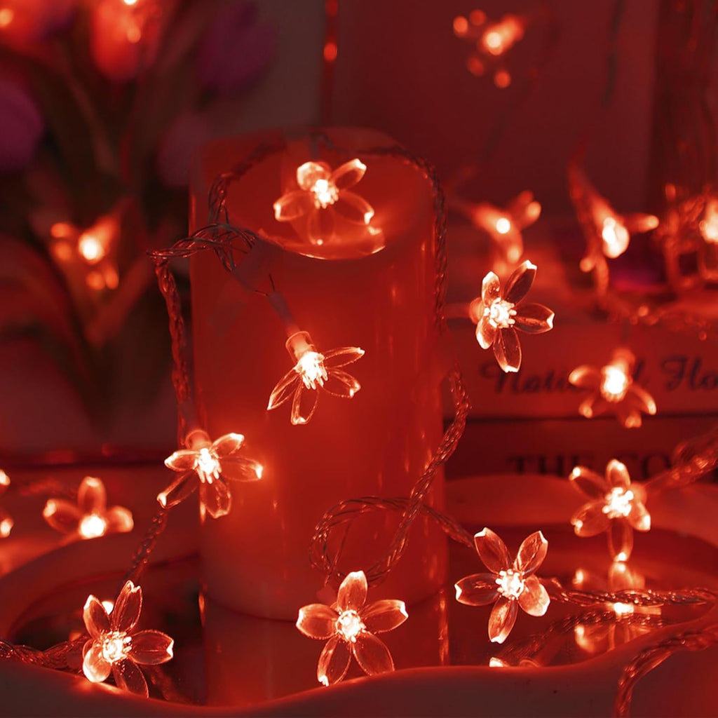 30 LED Red Flower Fairy Lights, Battery/USB Operated, Romantic Floral Decor