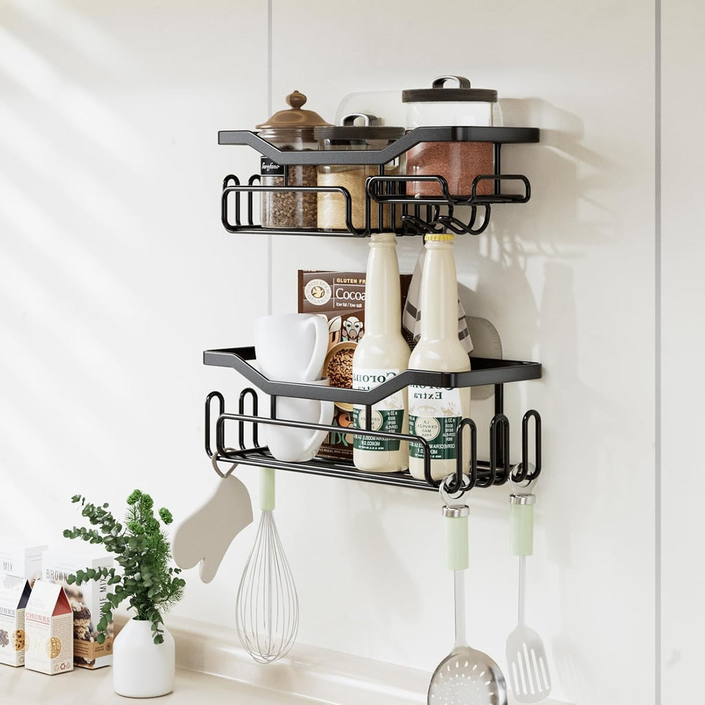 HapiRm Storage Shower Shelves, Shower Caddy organiser with 11 Hooks, Shelf with Razor Holder,Soap Dish,Towel Hook Bathroom Accessories Black,3 Sticker,2 pcs
