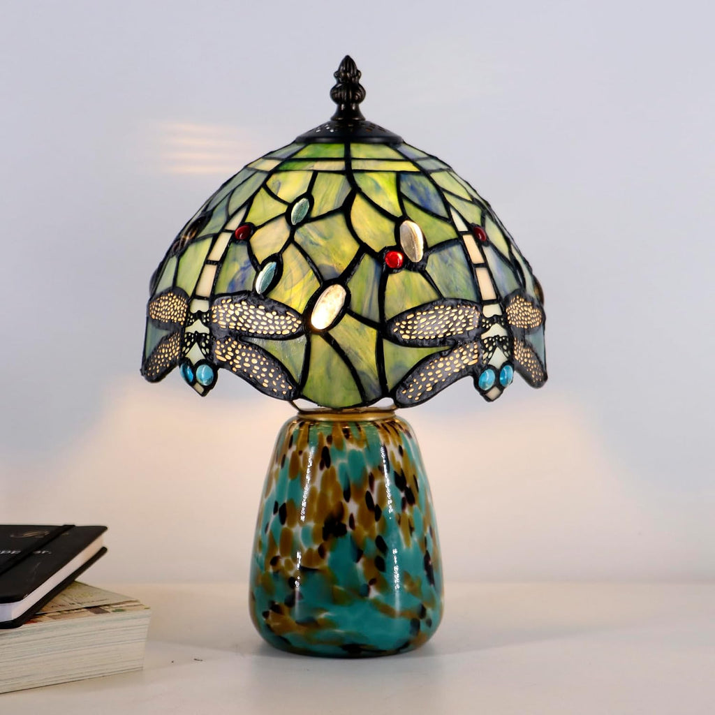 Tiffany Mushroom Table Lamp Dragonfly Style Sea Blue Stained Glass Accent Lamp Brown Blue Glass Base 8X8X12 Inch