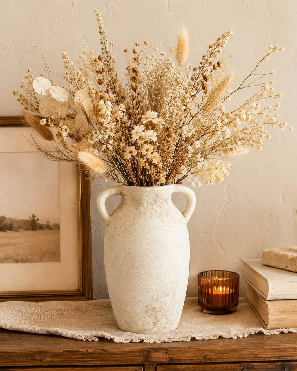 9.8 Inch Beige Ceramic Vase with Handles, Rustic Farmhouse Jug
