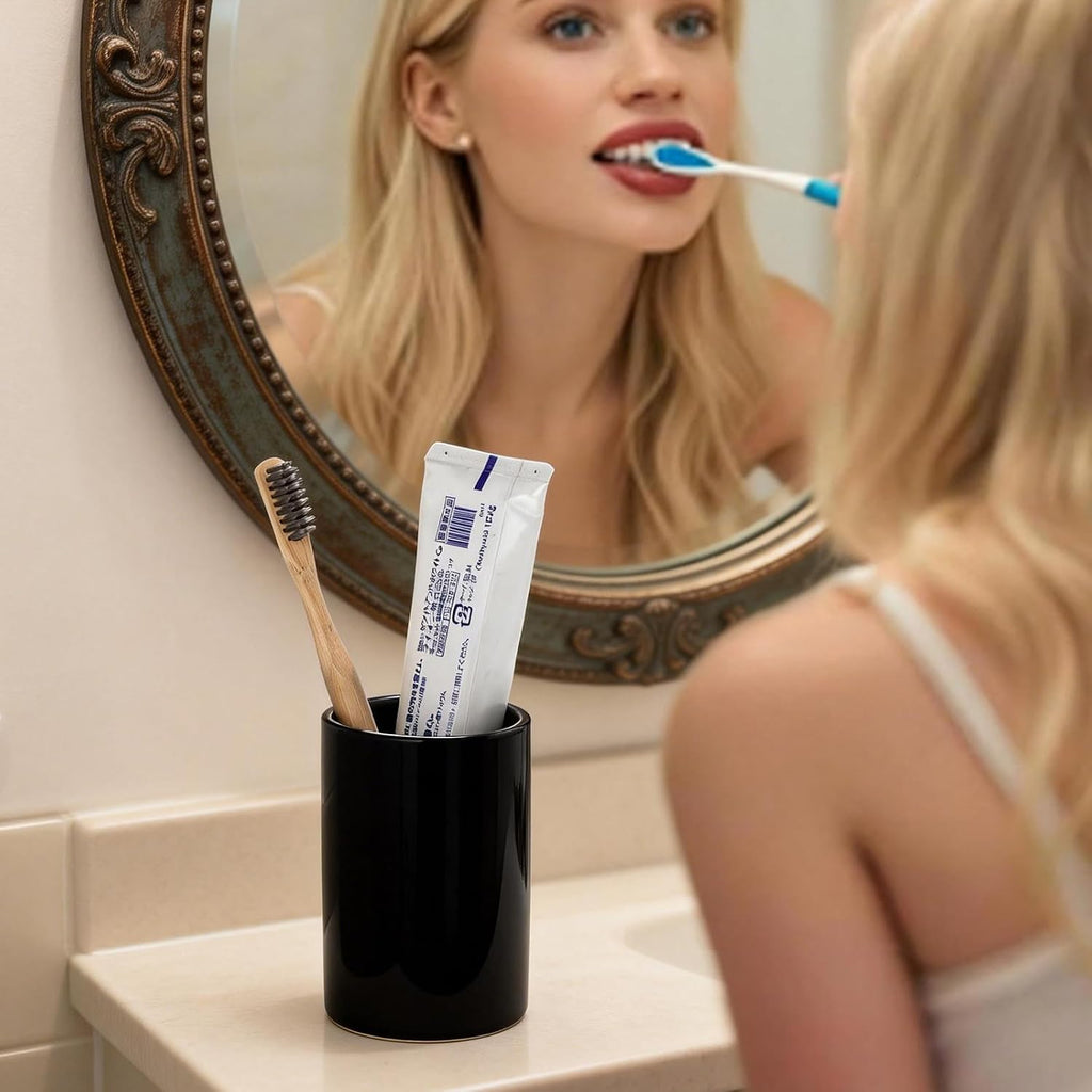 Glossy Black Ceramic Toothbrush Holders for Bathroom Countertop, 2 Pack