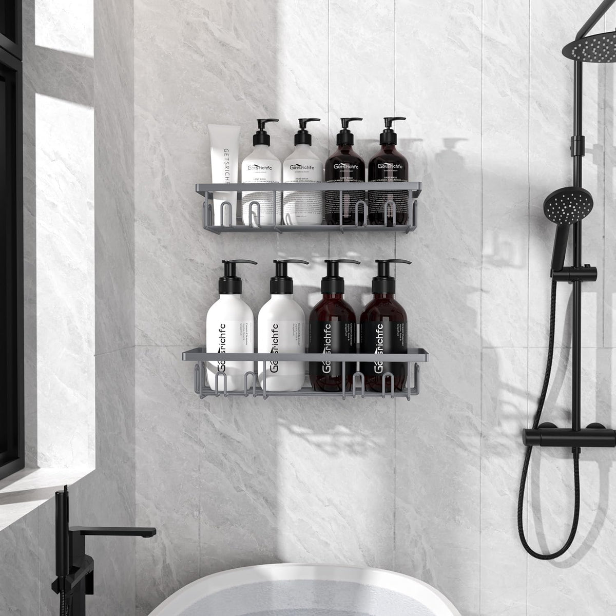 Getsrichfc Shower Caddy Adhesive, Rustproof Shower Shelves for Inside Shower, Large Capacity Bathroom Organizers and Storage, Shower Storage with Removable Hooks, No Drill Bathroom Accessories Grey