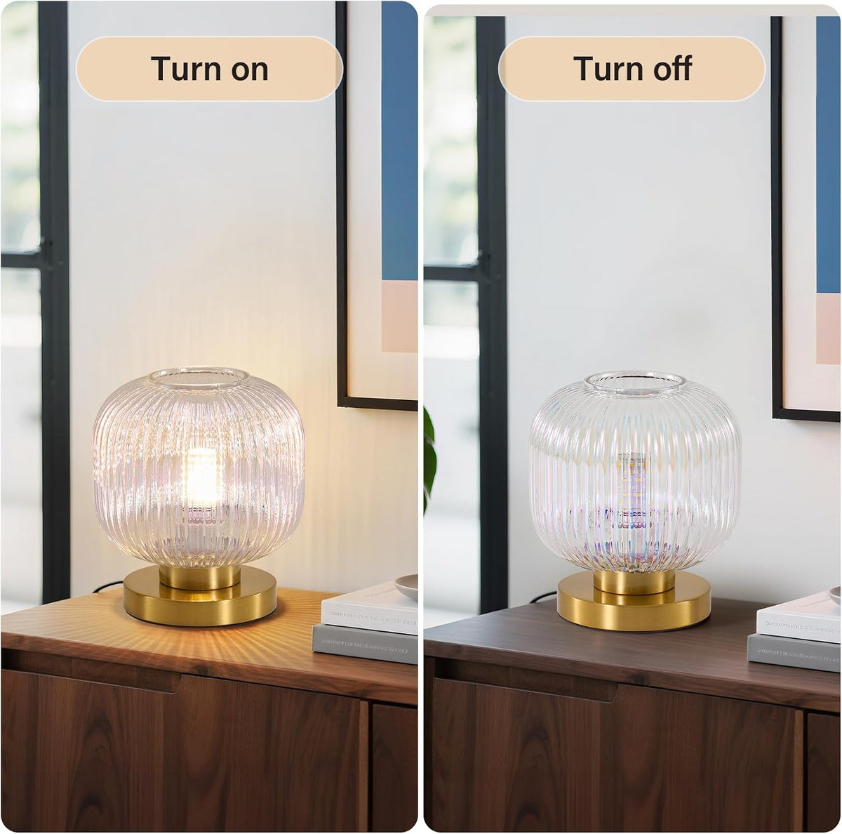 Colorful Glass Table Lamp,Vintage Gold Base Ribbed Bedside Lamp