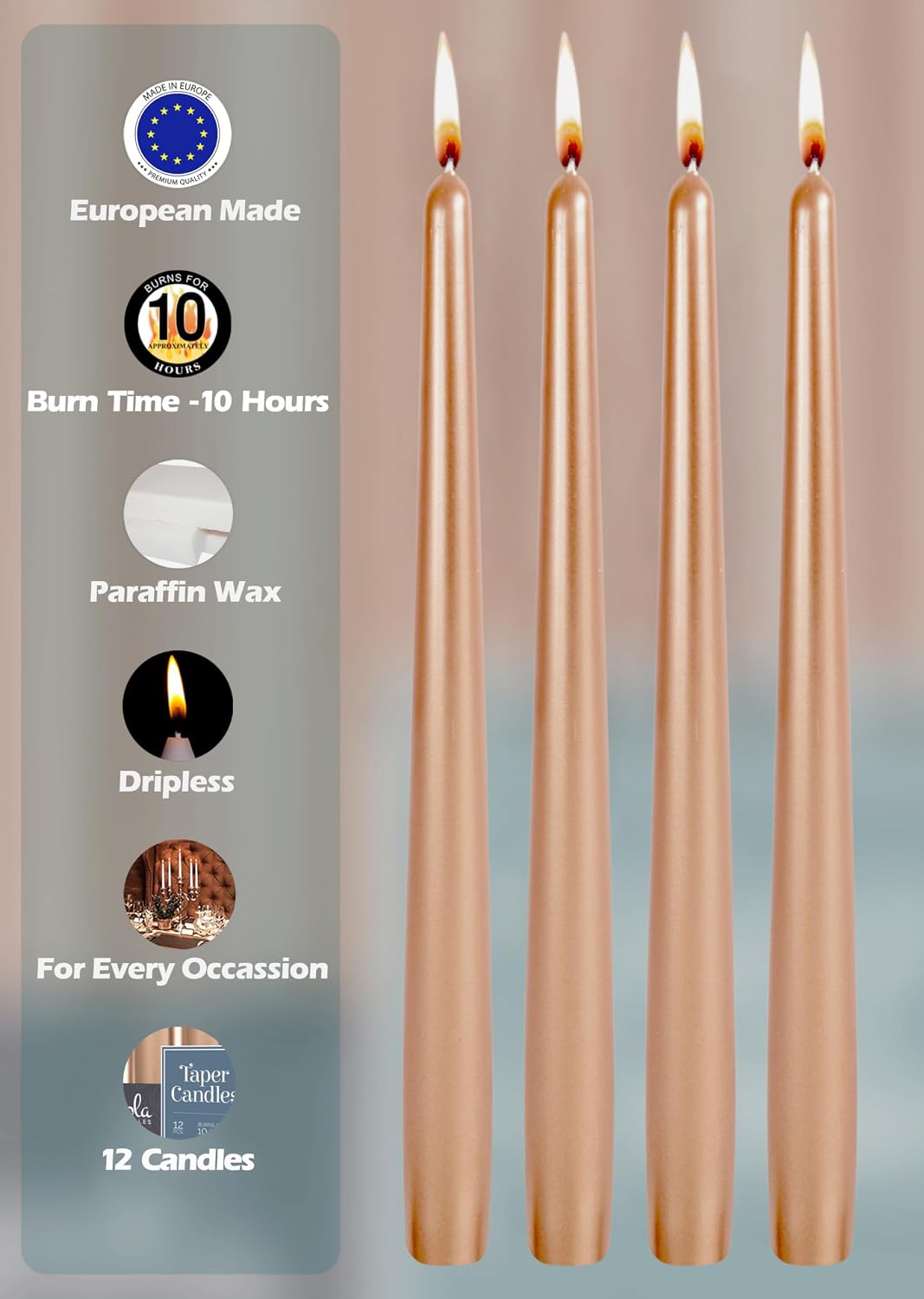 Hyoola 12 Pack Tall Metallic Taper Candles - 12 Inch Copper Metallic, Dripless, Unscented Dinner Candle - Paraffin Wax with Cotton Wicks