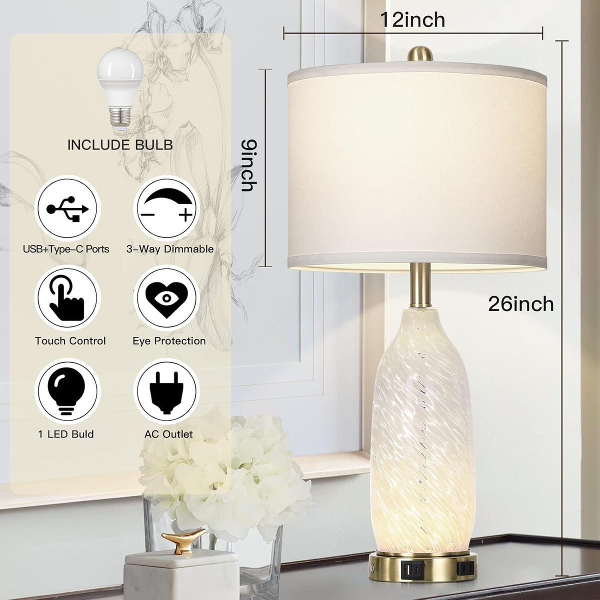 Rinweey 26" Modern Clear Glass Table Lamp Nightstand Lamp with USB A+C Ports & AC Outlet,Bedside Lamps with 3-Way Dimmable Touch Control Night Light for Bedroom Living Room,Single White