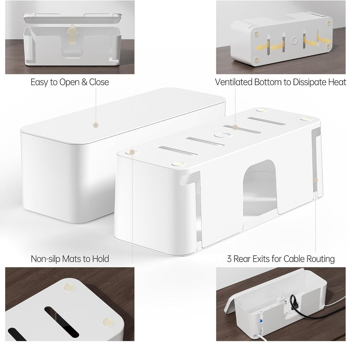 YECAYE 2 Pack Cable Management Box, Pet Friendly Cable Box Organizer for Home & Office, Child-Proof Floor Cord Cover, Cord Management and Cord Hider, White