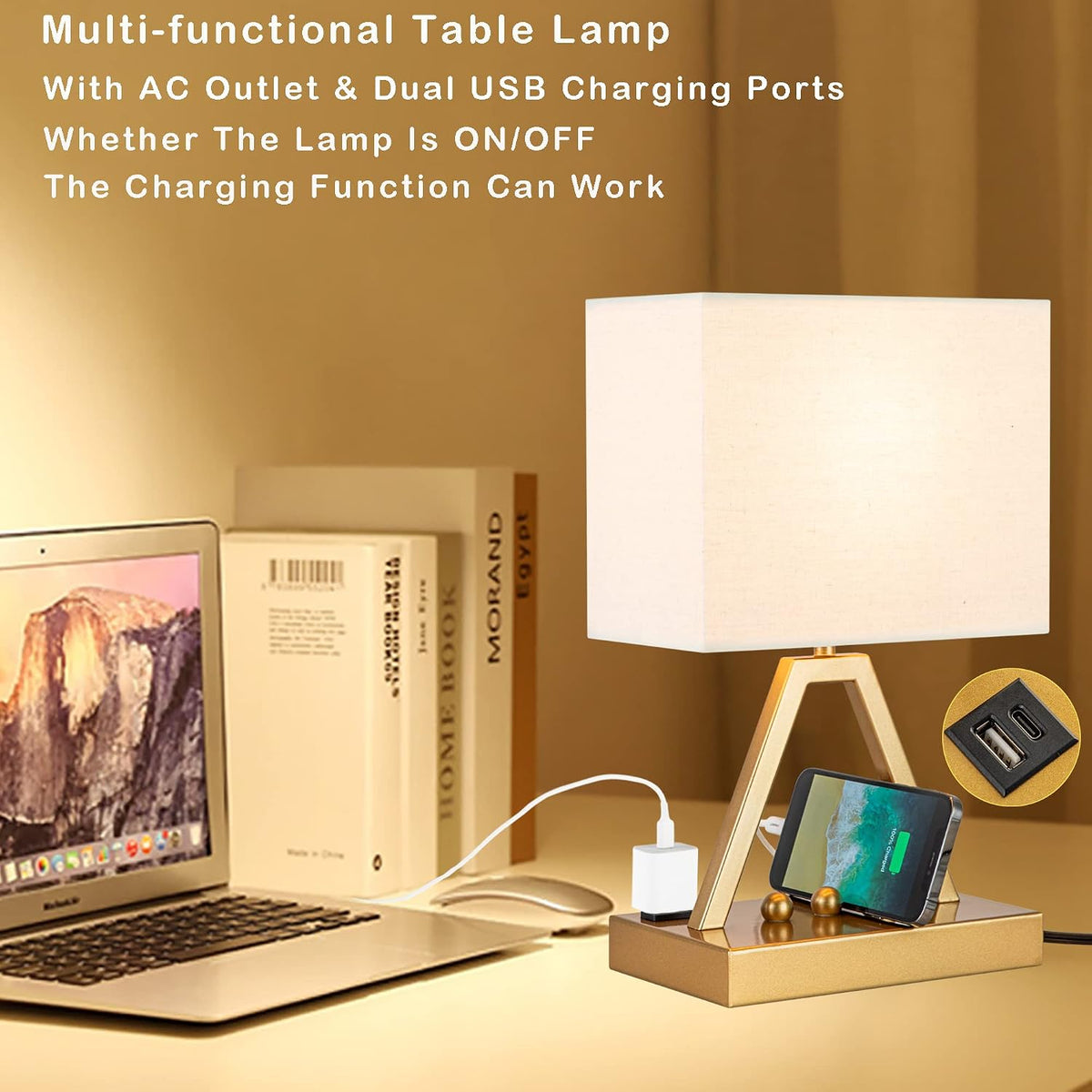 Touch Control Table Lamp with 2 USB Charging Ports & 1 AC Outlet, Dimmer