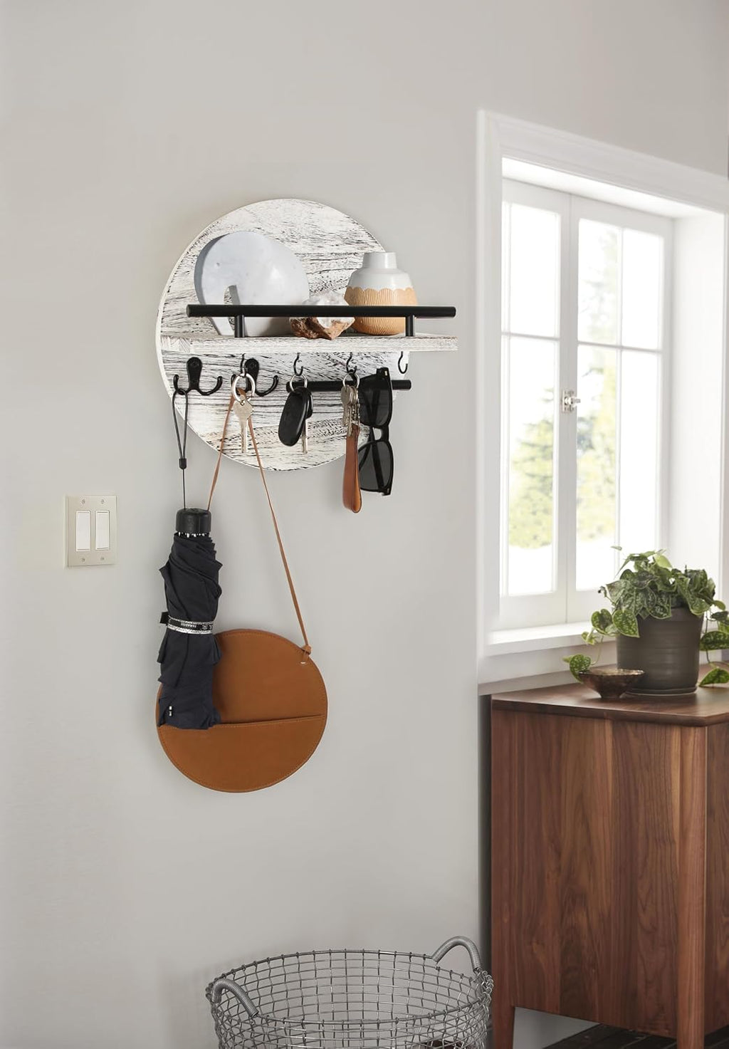 Gurfuy Key Holder for Wall with Shelf - Wood Mail Organizer and Rack with Shelf Hooks Wall Mounted for Entryway Decor Magazines Letter Storage Farmhouse Living Room Bedroom Doorway (White)